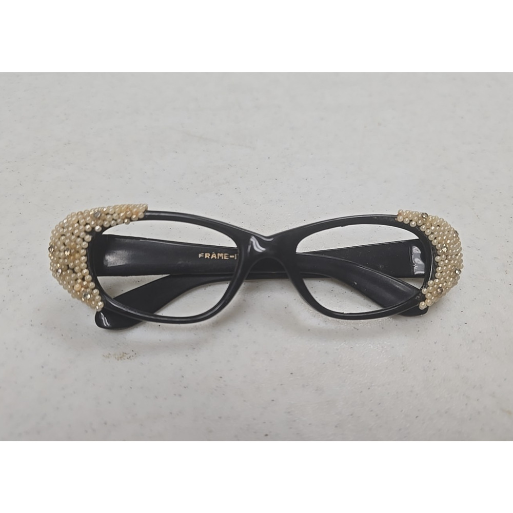 Vtg 60's Black Bling Crystal Beaded Embellished Optical Eyewear Eyeglass Frame‎
